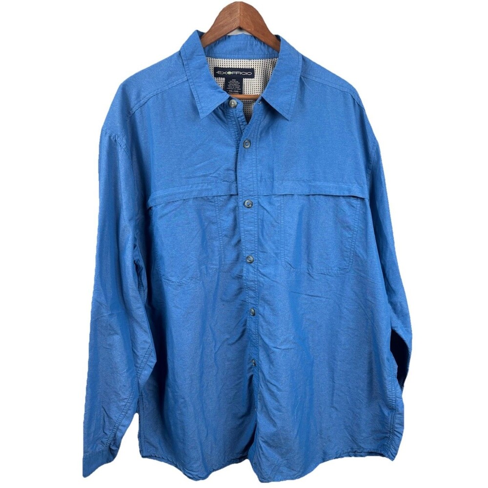 ExOfficio Fishing Shirt Men 2XL Blue Check Long Sleeve Button Up Nylon/Polyester